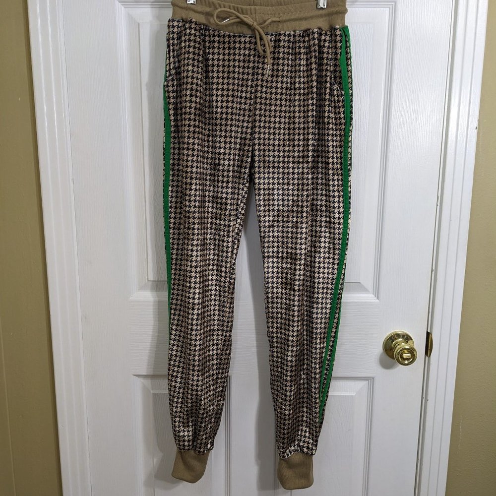 36 Point 5 Velvet Metallic Black Tan & Green Striped Joggers - size S